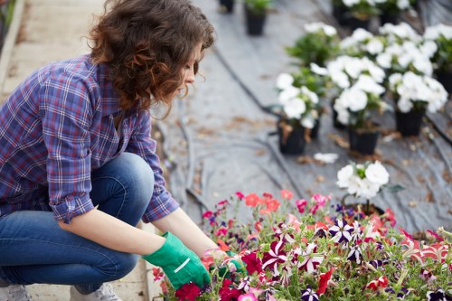 Community gardeners working in a Blackfriars garden bed with tools and raised planters